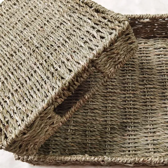 Boîte de rangement de panier de rangement de bureau tissé à la main avec poignée en bois tissé d'herbe